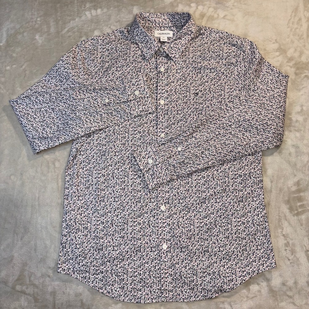 Calvin Klein Mens Stretch Cotton Button Down Shirt Abstract Print Pink Navy L